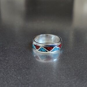 Navajo Sterling Silver Turquoise Coral Ring Band Size 6